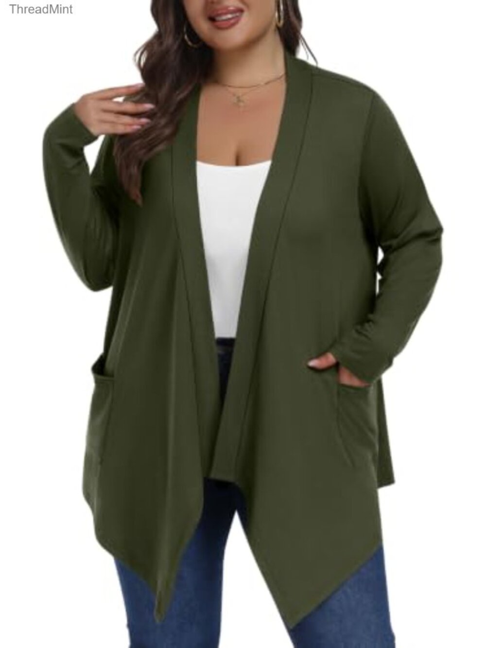 Plus Size Waterfall Open Front Cardigan Pockets Long Sleeve Knit